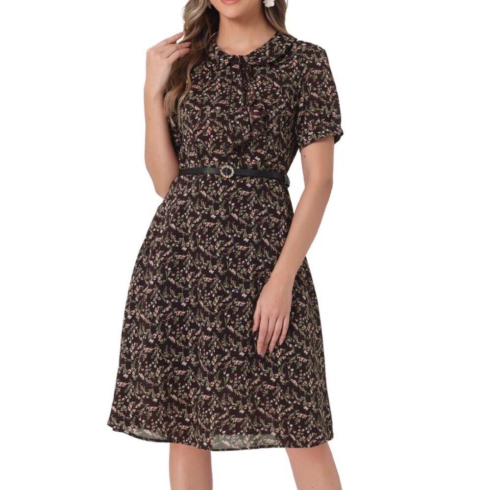 Peter Pan Collar Short Sleeves A-Line Belted Floral Dress Brown